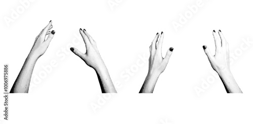 Hands reaching out with an open palm as if grabbing or catching something, POV. Halftone style vector isolated on white background.