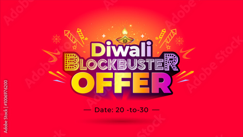 Diwali blockbuster offers logo for sale promotion. Vibrant red background with oil lamp lanterns, lights and crackers.