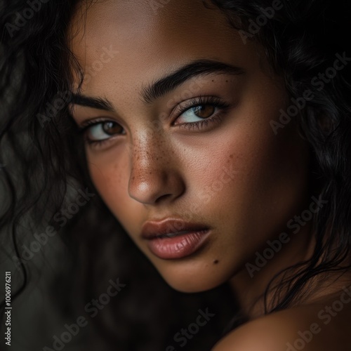 Close up Portrait of a Young Woman with Freckles and Brown Eyes