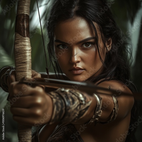 Amazonian Warrior Woman with Bow and Arrow in Jungle Setting