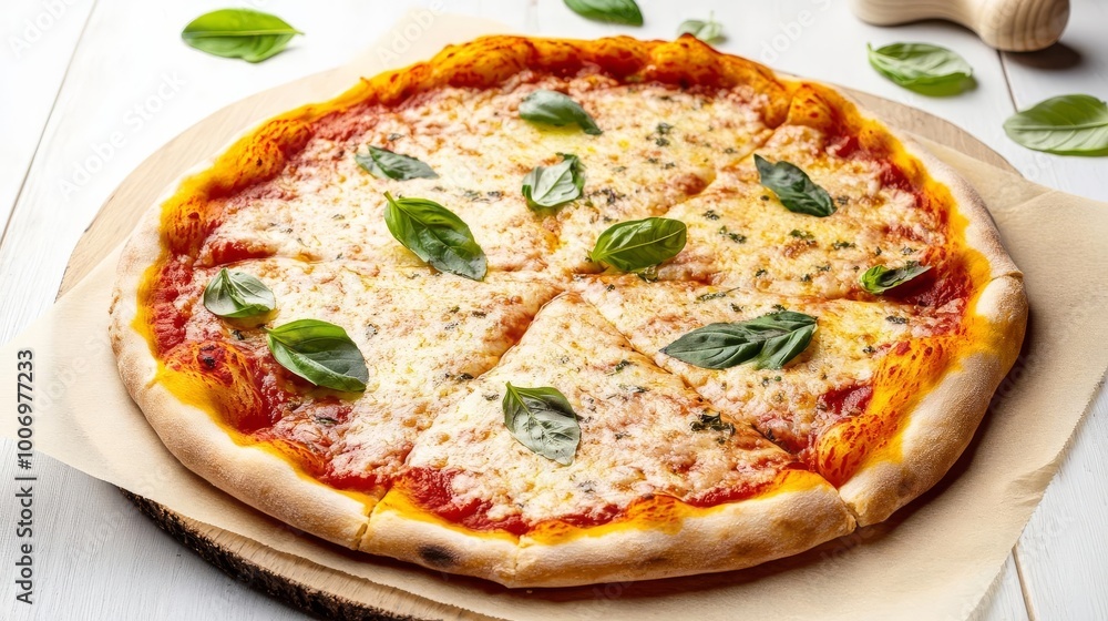 Rustic margarita pizza, herbs, gourmet kitchen atmosphere Rustic margarita pizza, herbs, gourmet kitchen atmosphere