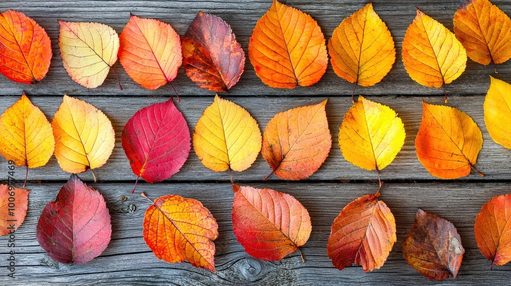 Fototapeta premium A close-up of fall leaves in varying shades of orange, yellow, and red arranged against a rustic wooden background. The warm colors and textures create a cozy autumn atmosphere.