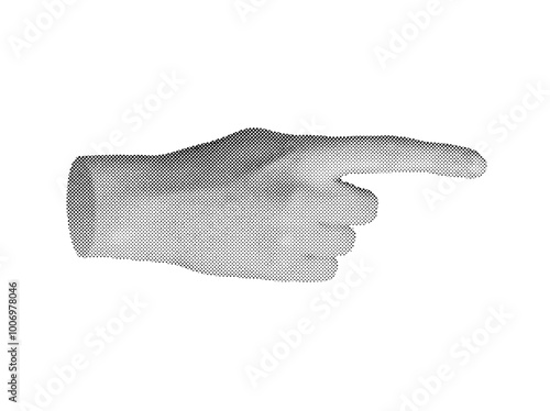 Finger pointing gesture, indicating aside. Pointer. Halftone textured style vector isolated on white background.