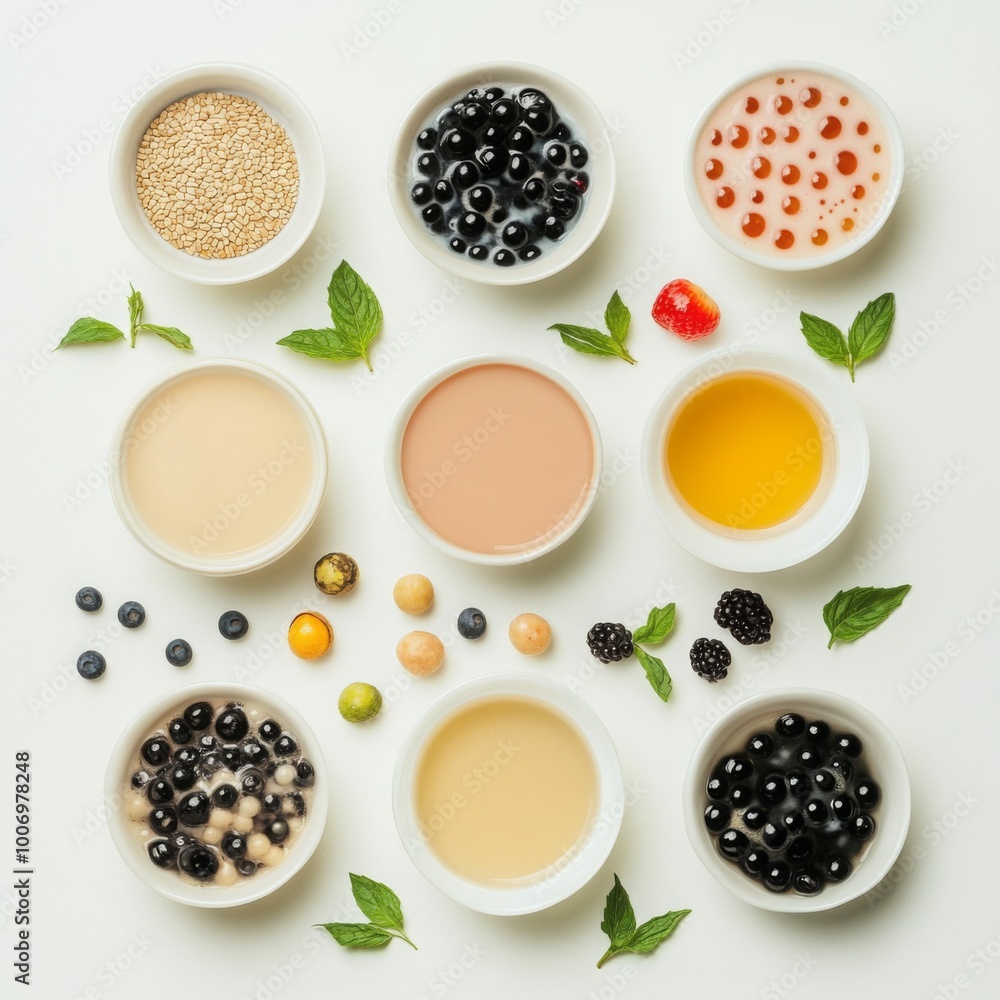 Boba Tea Ingredients Flat Lay White Background Milk Tea Tapioca Pearls Fruit Sesame Boba Tea Ingredients Flat Lay White Background Milk Tea Tapioca Pearls Fruit Sesame
