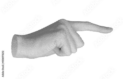 Finger pointing gesture, indicating aside, showing. Pointer sign. Halftone old style vector isolated on white background.