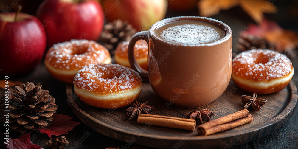 A mug of apple juice and doughnuts on an autumn table with apples, cinnamon sticks, leaves, and other fall elements in the background. A mug of apple juice and doughnuts on an autumn table with apples, cinnamon sticks, leaves, and other fall elements in the background.