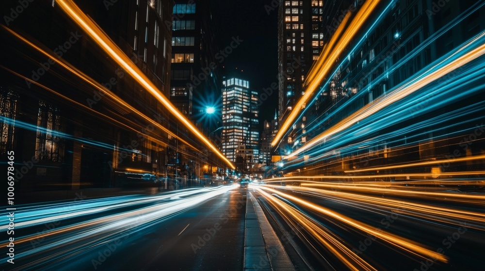 Obraz premium Vibrant City Skyline at Night with Light Streaks