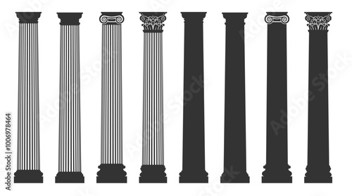 Set of Ancient Greek and Roman Columns, Black Silhouettes, Fluted and Smooth Variants