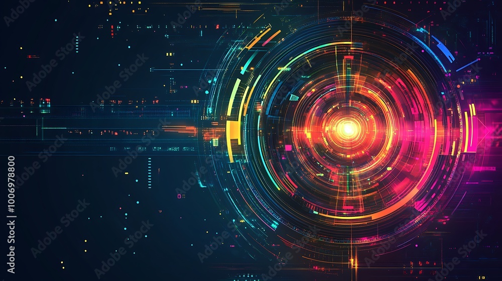 Obraz premium Abstract digital interface with glowing neon circles and lines on dark background.