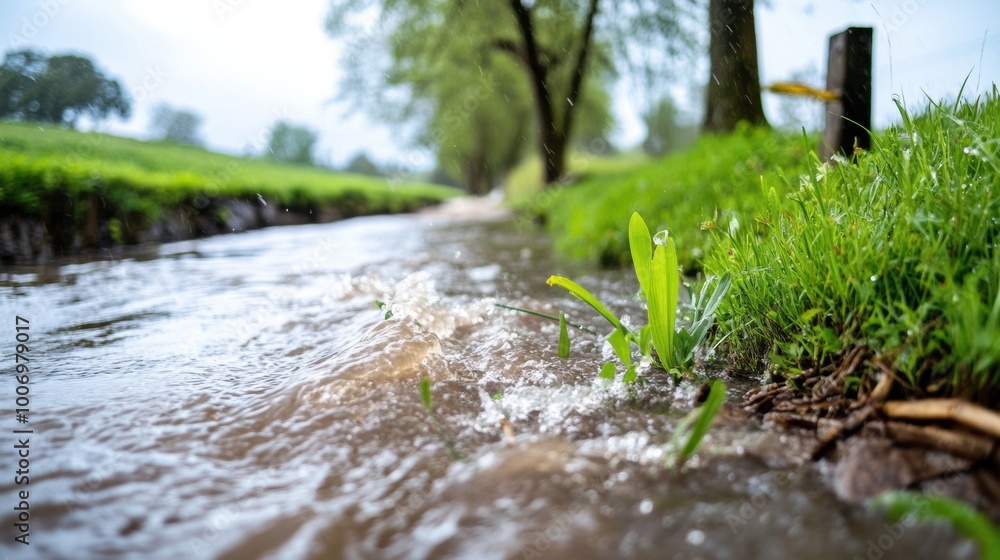 Serene Flowing Stream Amid Lush Green Foliage in Peaceful Rural Landscape Serene Flowing Stream Amid Lush Green Foliage in Peaceful Rural Landscape
