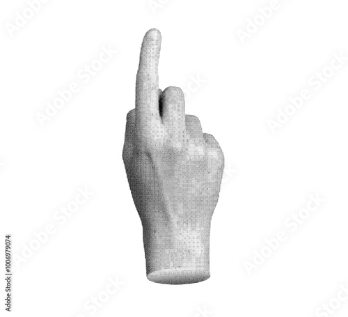 Finger pointing gesture, indicating. Pointer, forefinger up. Halftone old newspaper style vector isolated on white background.