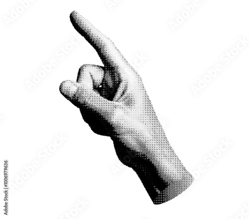 Index finger pointing, indicating, side view. Pointer forefinger. Halftone textured style vector isolated on white background.