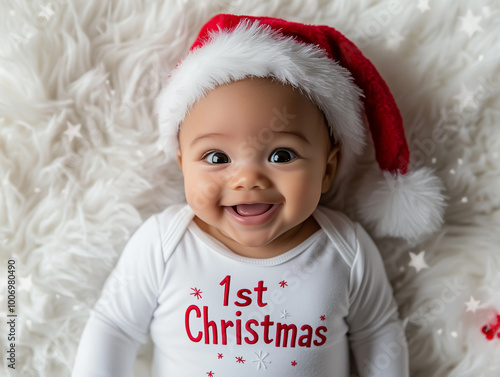 Smiling Baby in Santa Hat Celebrating First Christmas
