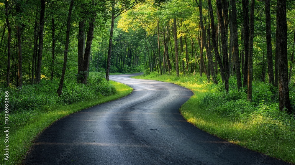 Naklejka premium Winding Asphalt Road through Lush Green Forest