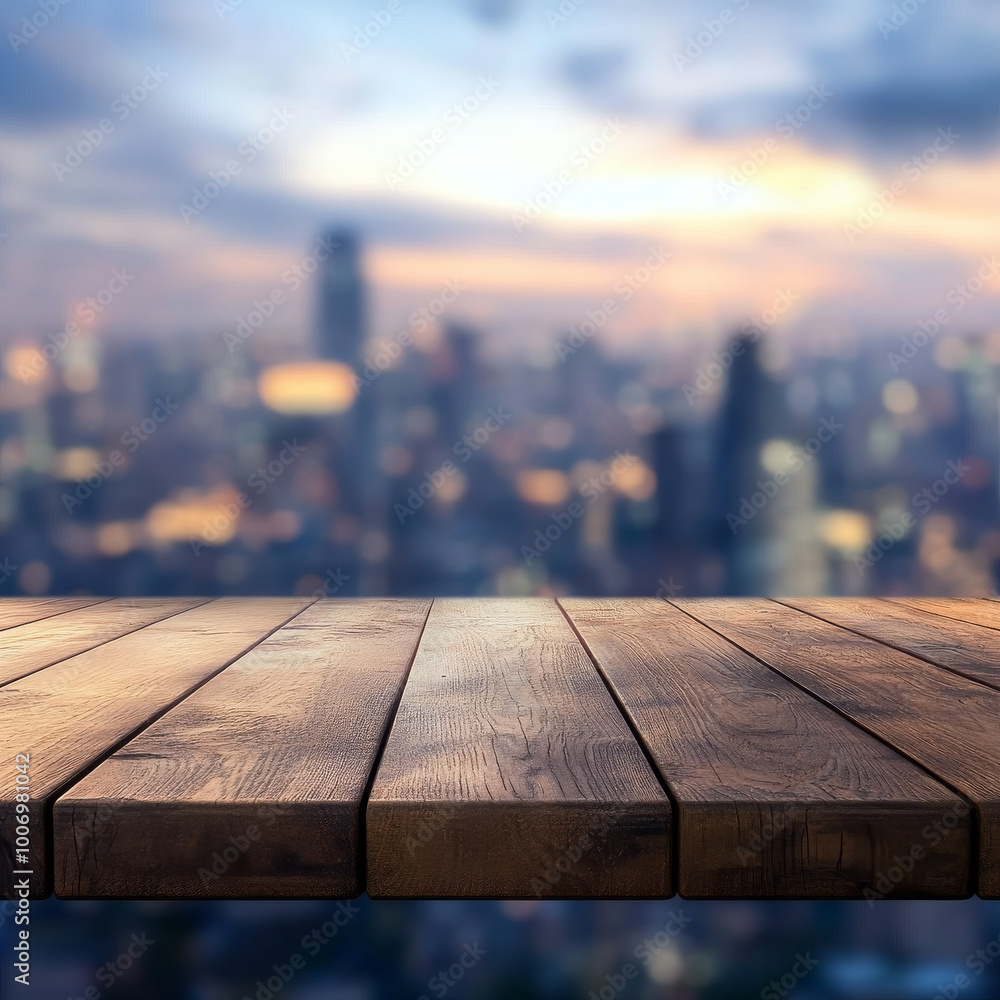 wooden table is set against blurred cityscape background, creating warm and inviting atmosphere. soft focus of city lights adds touch of elegance and tranquility wooden table is set against blurred cityscape background, creating warm and inviting atmosphere. soft focus of city lights adds touch of elegance and tranquility