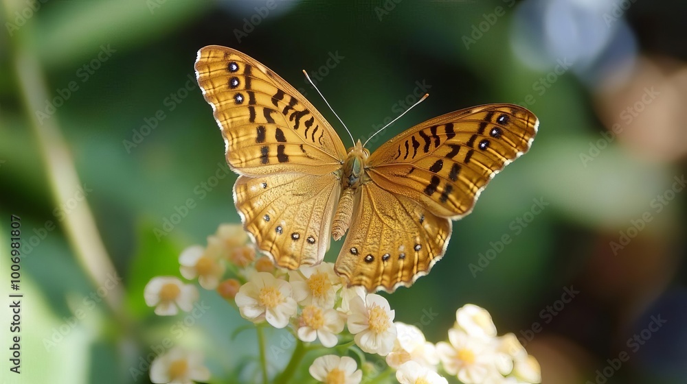 Obraz premium A delicate golden butterfly resting on a flower, golden butterfly, Natural wildlife beauty.