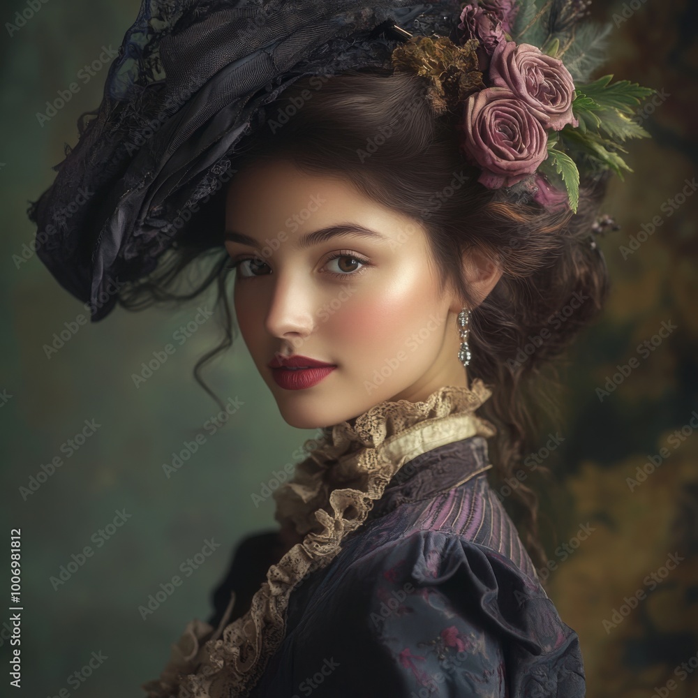 Victorian Woman in Elegant Dress and Bonnet with Flowers