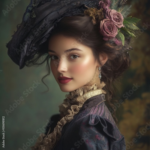 Obraz na płótnie Victorian Woman in Elegant Dress and Bonnet with Flowers w salonie
