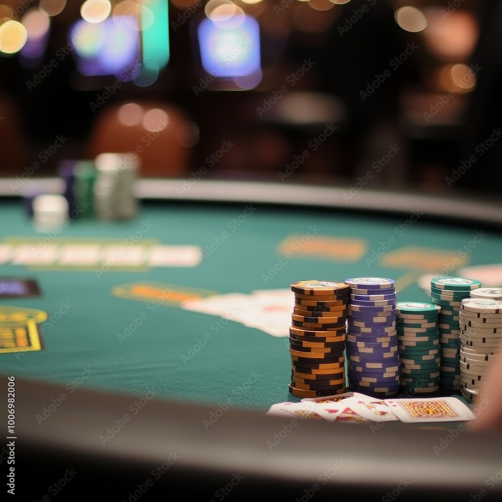 Casino background with chips, cards and playing cards on green table Casino background with chips, cards and playing cards on green table