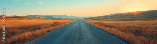 Country Road through a Field of Golden Grass at Sunset