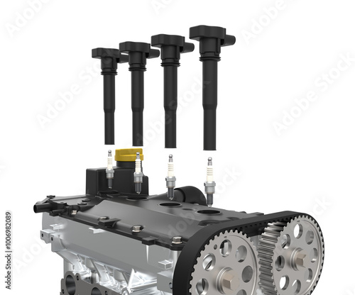 Spark plug and  ignition coil. Car ignition system. Car engine with spark plugs and coils exploded view. Ignition System Components