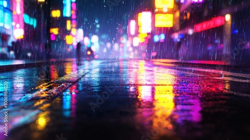 Fresh Rain on Wet Asphalt Road with City Lights