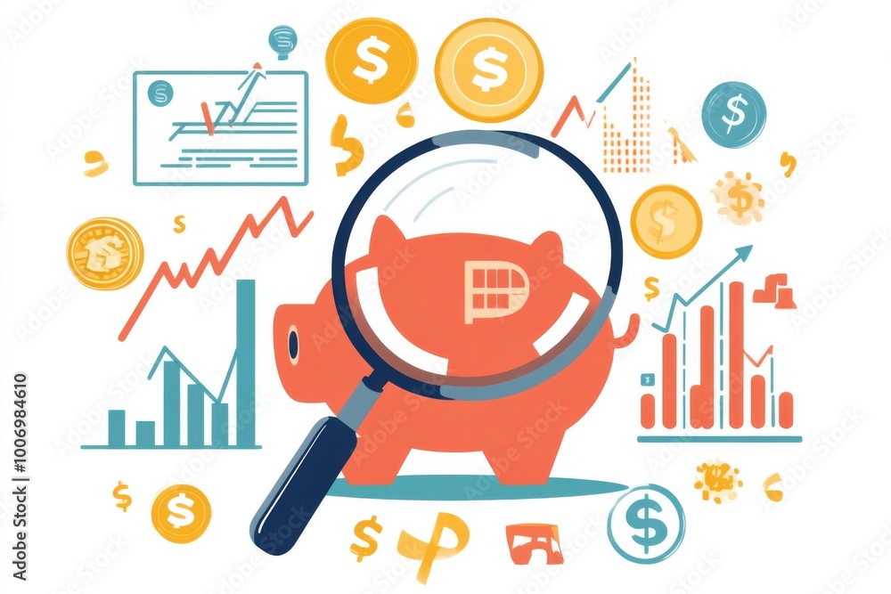 Illustration of a magnifying glass highlighting a piggy bank with financial symbols like coins, charts, and dollar signs, on a simple white background Illustration of a magnifying glass highlighting a piggy bank with financial symbols like coins, charts, and dollar signs, on a simple white background