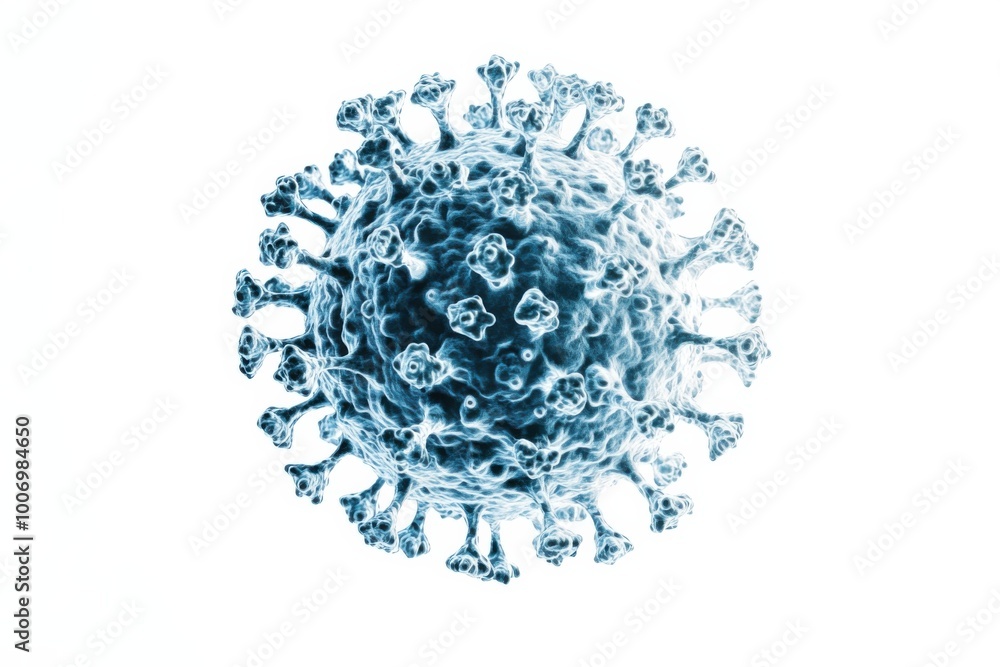Microscopic view of a spherical virus with spike proteins, highly detailed with intricate textures Microscopic view of a spherical virus with spike proteins, highly detailed with intricate textures