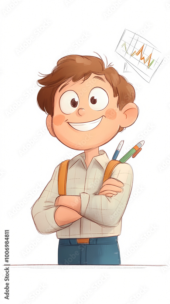A cartoon boy is holding a pen and a pencil. He is smiling and looking at the camera A cartoon boy is holding a pen and a pencil. He is smiling and looking at the camera