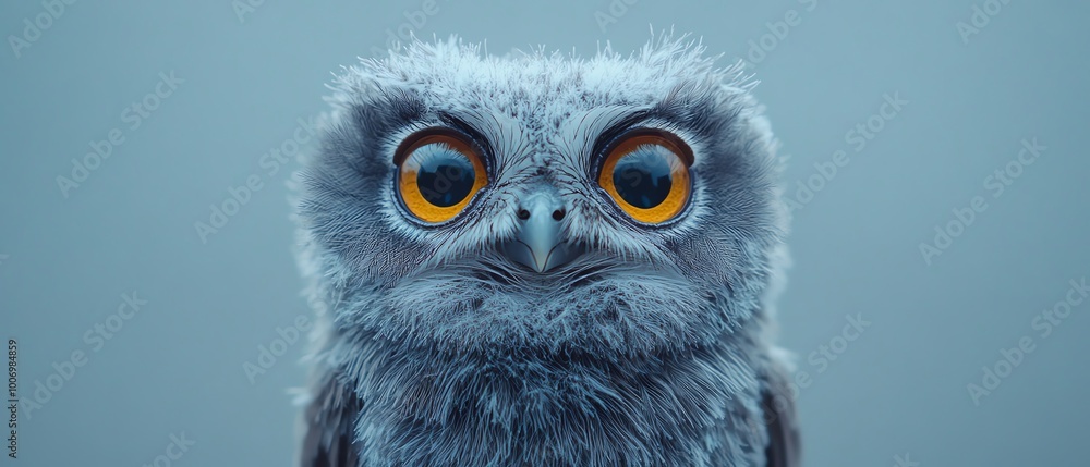 Fototapeta premium Adorable wideeyed owl, light blue background, sharp focus on feathers, curious expression, soft lighting, minimalist setup