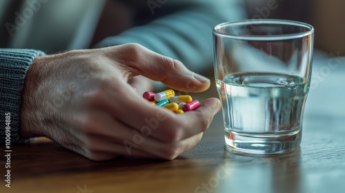 A close-up of a person taking medication, holding pills and a glass of water. The scene captures the importance of health and self-care in daily life.