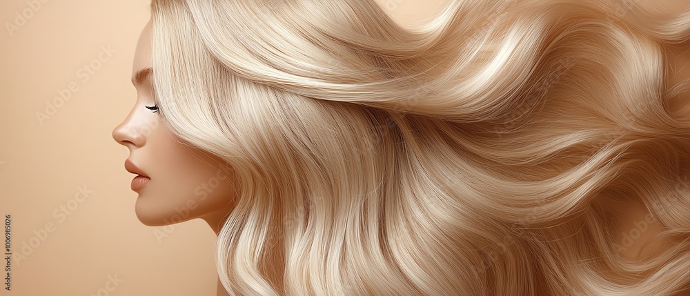A stunning profile of a woman with flowing blonde hair, showcasing elegance and beauty against a soft background. A stunning profile of a woman with flowing blonde hair, showcasing elegance and beauty against a soft background.