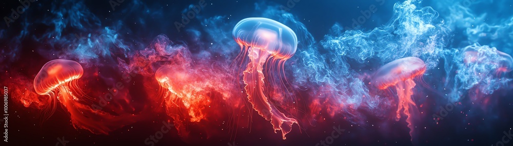 A captivating scene of glowing jellyfish floating gracefully in vibrant blue and red hues, showcasing their ethereal beauty. A captivating scene of glowing jellyfish floating gracefully in vibrant blue and red hues, showcasing their ethereal beauty.