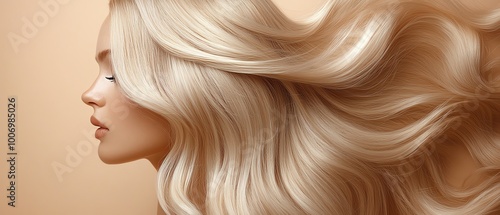 A stunning profile of a woman with flowing blonde hair, showcasing elegance and beauty against a soft background.