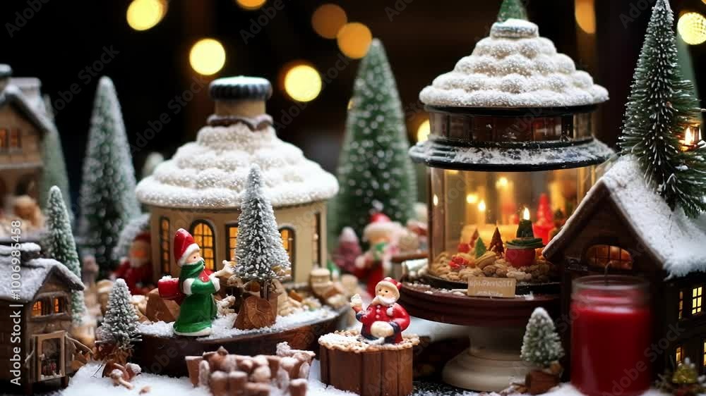 Miniature christmas village with snow covered houses, figurines, and a candlelit lantern, creating a festive and cozy atmosphere Miniature christmas village with snow covered houses, figurines, and a candlelit lantern, creating a festive and cozy atmosphere