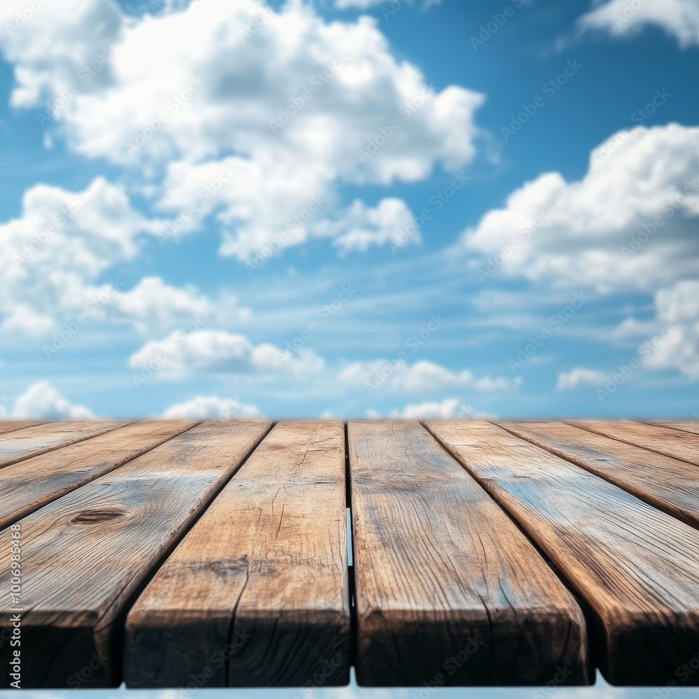 wooden table stands empty against backdrop of blurred blue sky filled with fluffy clouds, evoking sense of tranquility and openness wooden table stands empty against backdrop of blurred blue sky filled with fluffy clouds, evoking sense of tranquility and openness