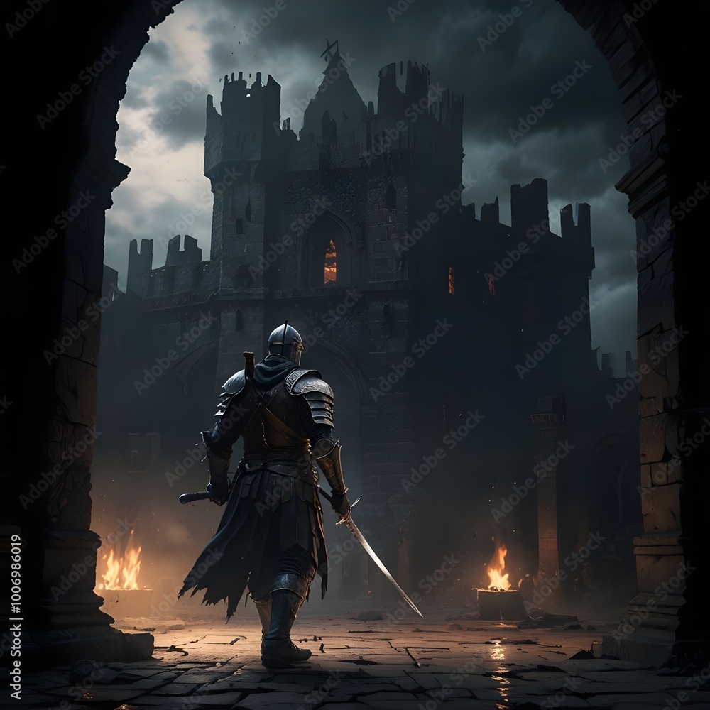 Obraz premium Dark Soul Atmosphere Game, The warrior fighting in the castle courtyard amid ruins