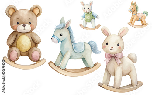 watercolor Wood kids toys rocking Horse, teddy bear and bunny isolated on white background