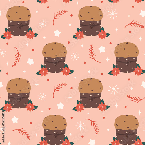 Cute hand drawn Panettone traditional italian Christmas cake seamless vector pattern background illustration with poinsettia flowers, stars, fir branches and red dots	