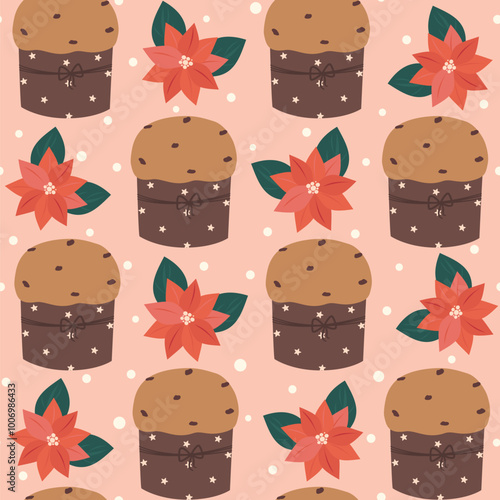 Cute hand drawn Panettone traditional italian Christmas cake seamless vector pattern background illustration with snowflakes and poinsettia flowers