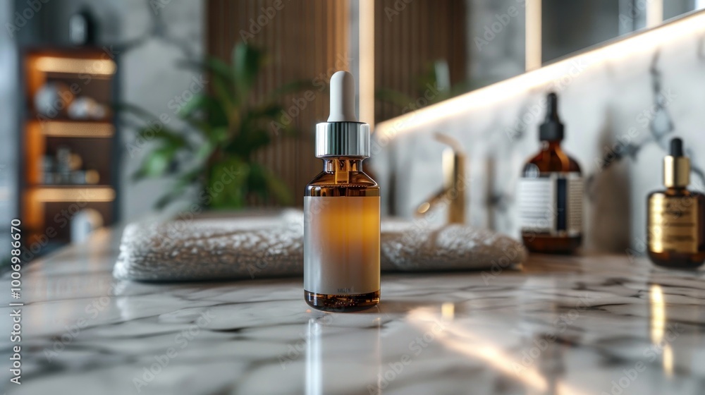 A luxurious bathroom scene highlighting a facial serum's elegance and effectiveness. A luxurious bathroom scene highlighting a facial serum's elegance and effectiveness.