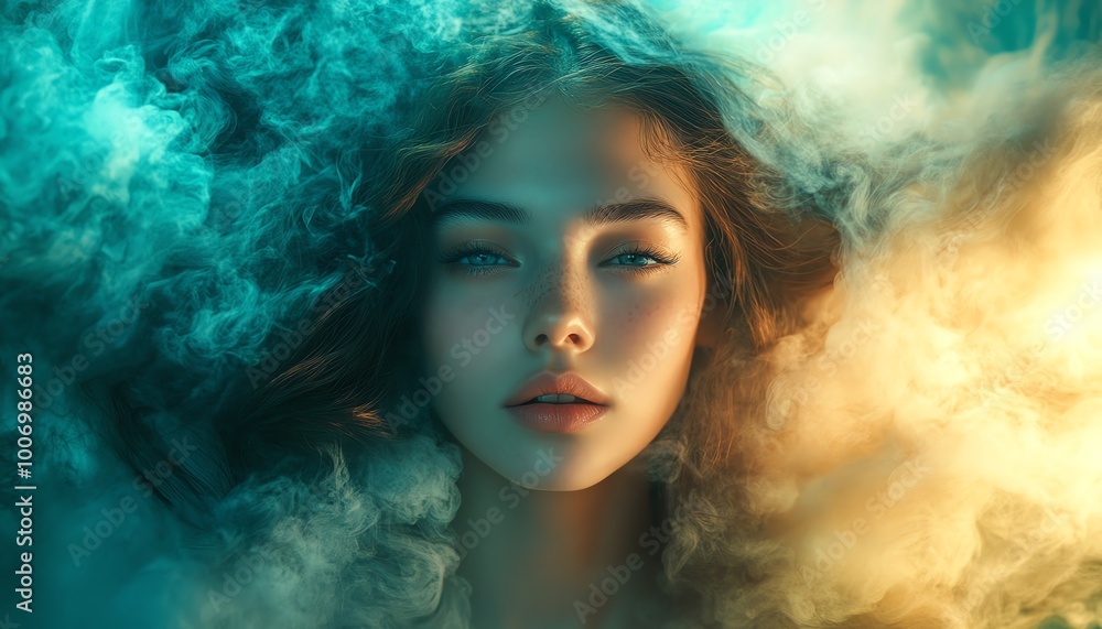 A serene portrait of a young woman surrounded by colorful smoke, evoking a sense of calm and mystery. A serene portrait of a young woman surrounded by colorful smoke, evoking a sense of calm and mystery.