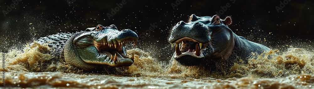 Obraz premium Fierce battle between crocodile and hippo, dramatic water splashes, intense action, detailed texture, nature s raw power