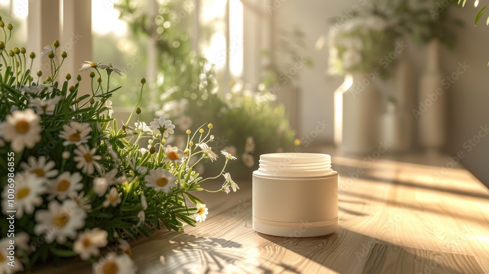 A serene morning scene with a moisturizer jar on a wooden vanity, surrounded by fresh flowers. A serene morning scene with a moisturizer jar on a wooden vanity, surrounded by fresh flowers.