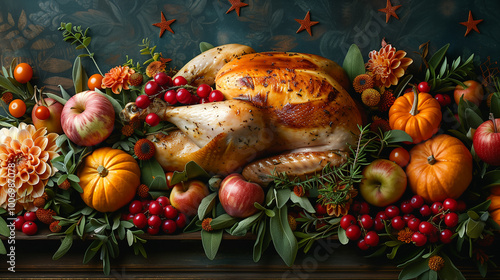 Grilled turkey with berries and apples prepared for thanksgiving day.