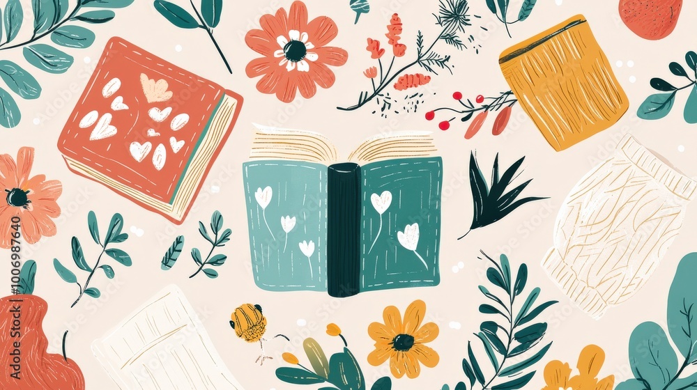A collection of hand-drawn aesthetic elements, including flowers, books, and cozy sweaters, set against soft pastel backgrounds. The design evokes a warm and inviting vibe. A collection of hand-drawn aesthetic elements, including flowers, books, and cozy sweaters, set against soft pastel backgrounds. The design evokes a warm and inviting vibe.