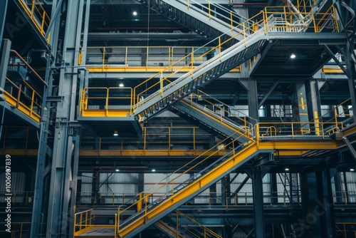 Interior of a modern industrial building with metal structures and yellow markings