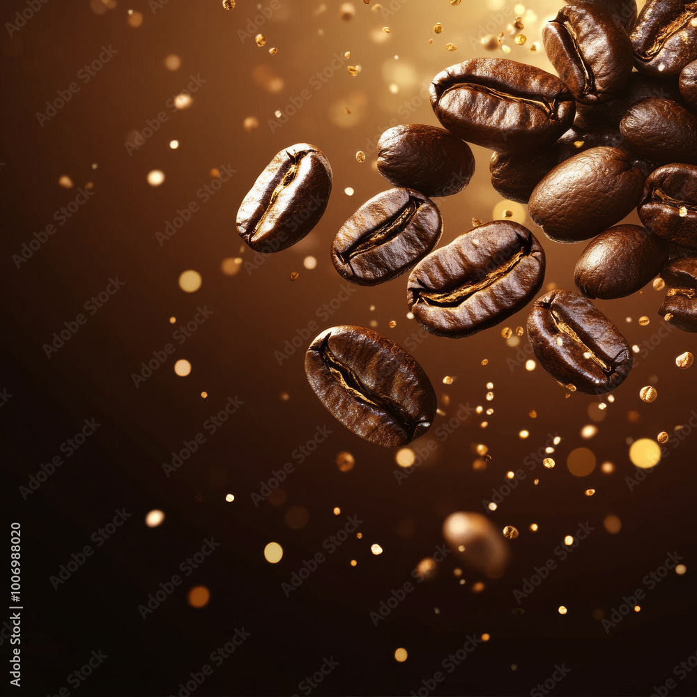 Rich roasted coffee beans float gracefully against warm, blurred background, creating captivating and aromatic atmosphere. shimmering particles enhance visual appeal, evoking sense of indulgence