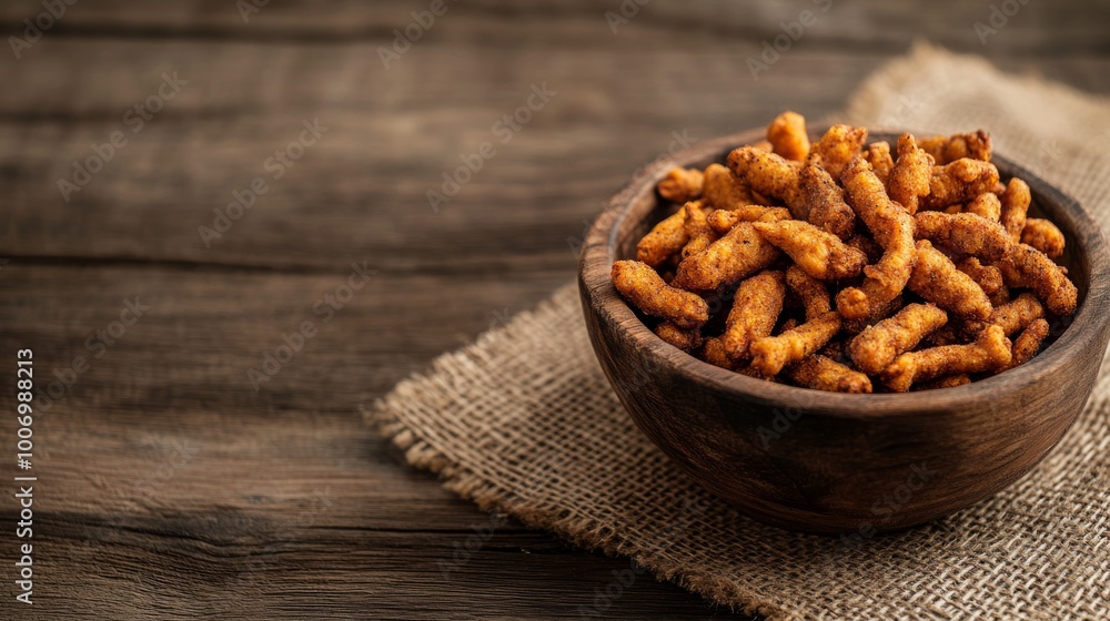 A rustic wooden bowl contains neatly arranged dried chicken feet treats set on a textured burlap cloth. The blurred background allows for branding or text placement, emphasizing the natural appeal A rustic wooden bowl contains neatly arranged dried chicken feet treats set on a textured burlap cloth. The blurred background allows for branding or text placement, emphasizing the natural appeal