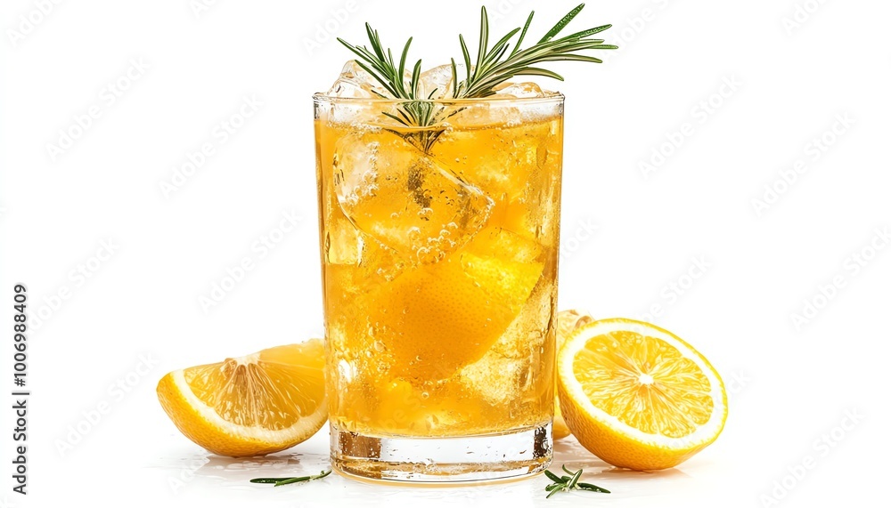 Fototapeta premium Lemon cocktail in a tall glass with ice, garnished with rosemary, isolated on white background, refreshing and crisp, studio lighting